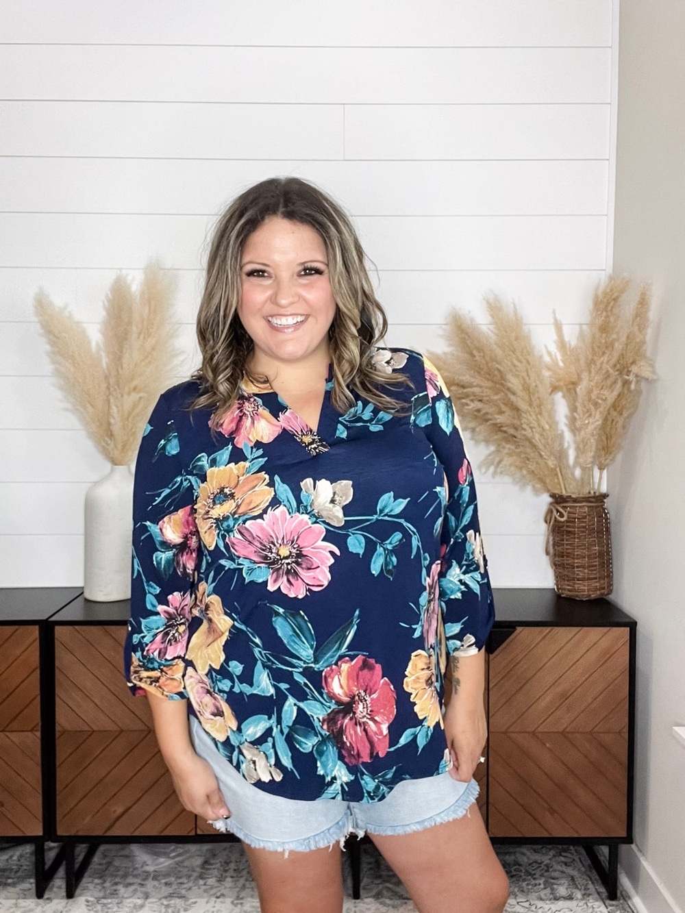 Dear Scarlett Floral V-Neck Blouse - Navy with Multicolor Floral Print